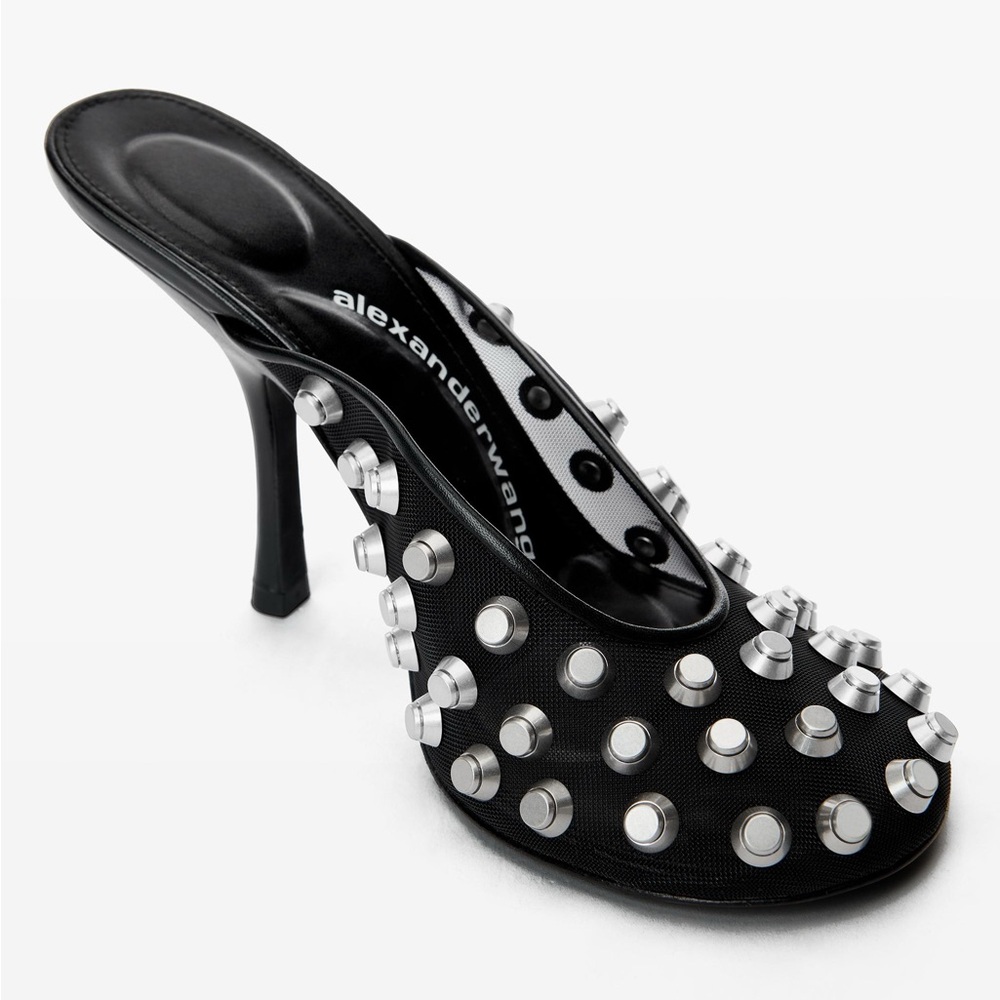 New Alexander Wang Black Studded Mule Sandal with Silver Accents 37